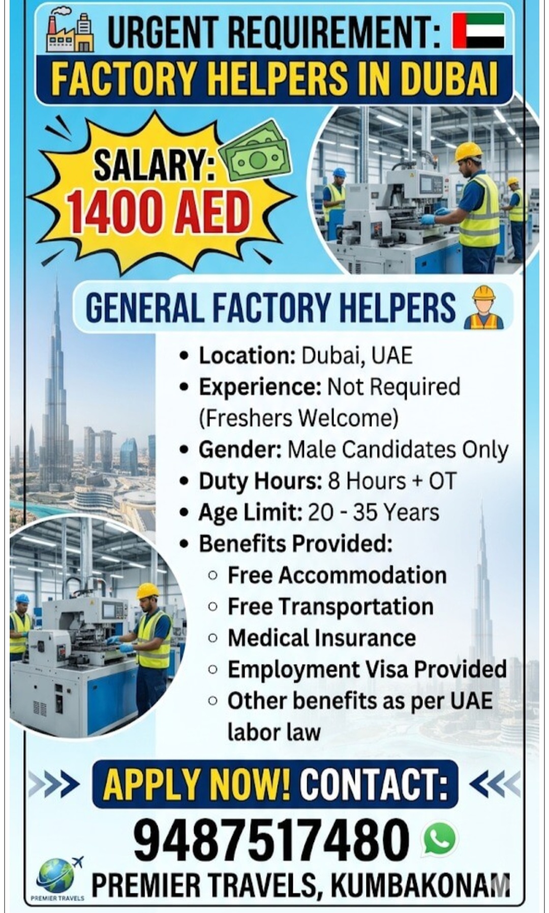 REQUIREMENT FOR FACTORY HELPERS IN DUBAI