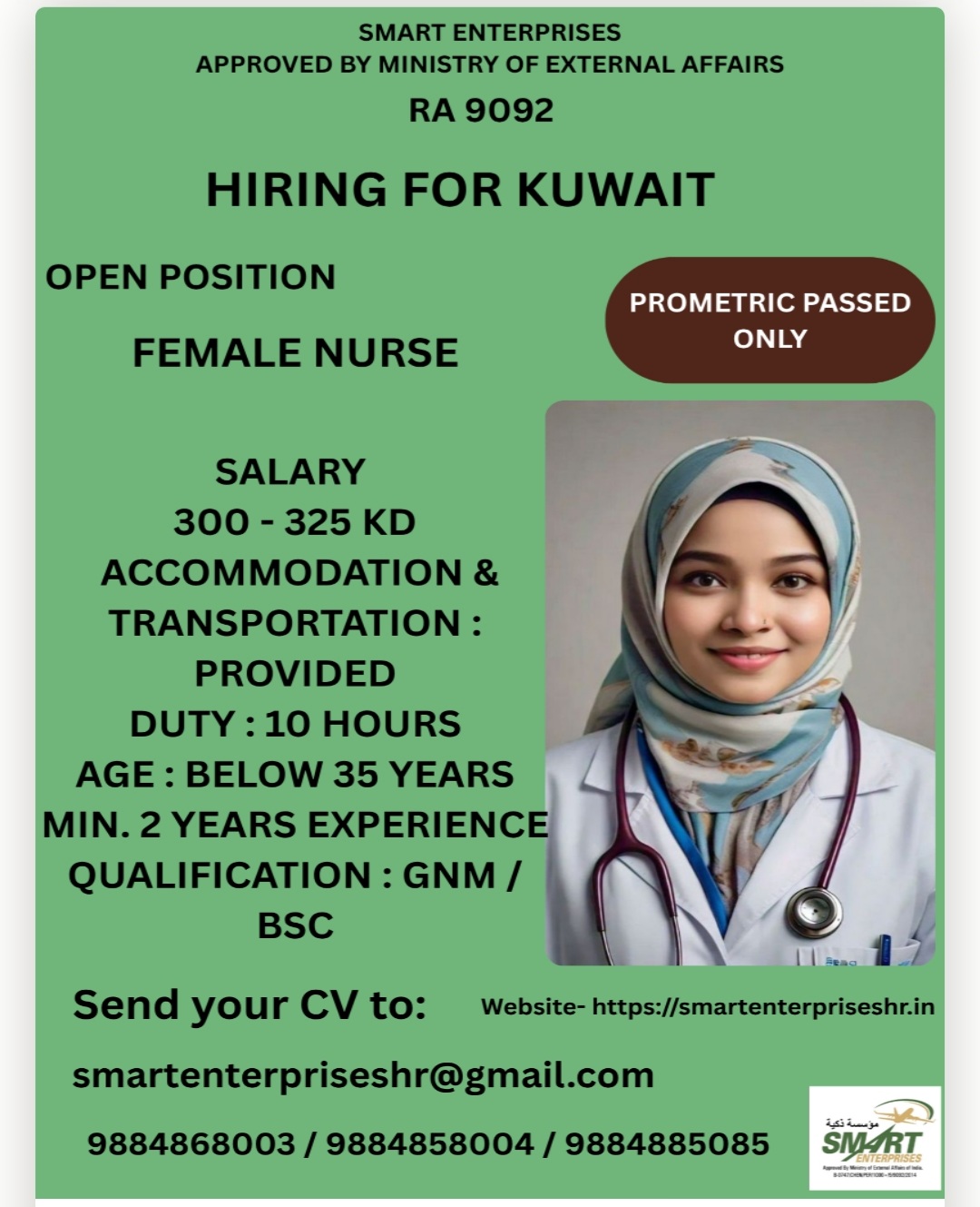 REQUIREMENT FOR FEMALE NURSE FOR KUWAIT