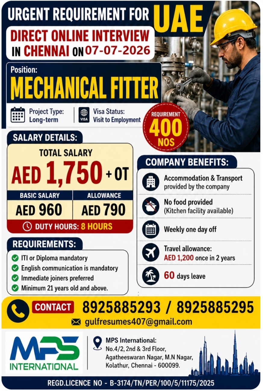 REQUIREMENT FOR MECHANICAL FITTER FOR UAE