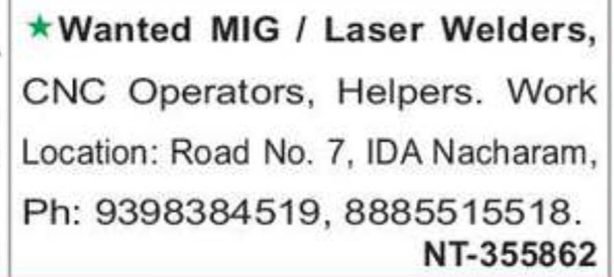 REQUIREMENT FOR MIG WELDERS IN NACHARAM