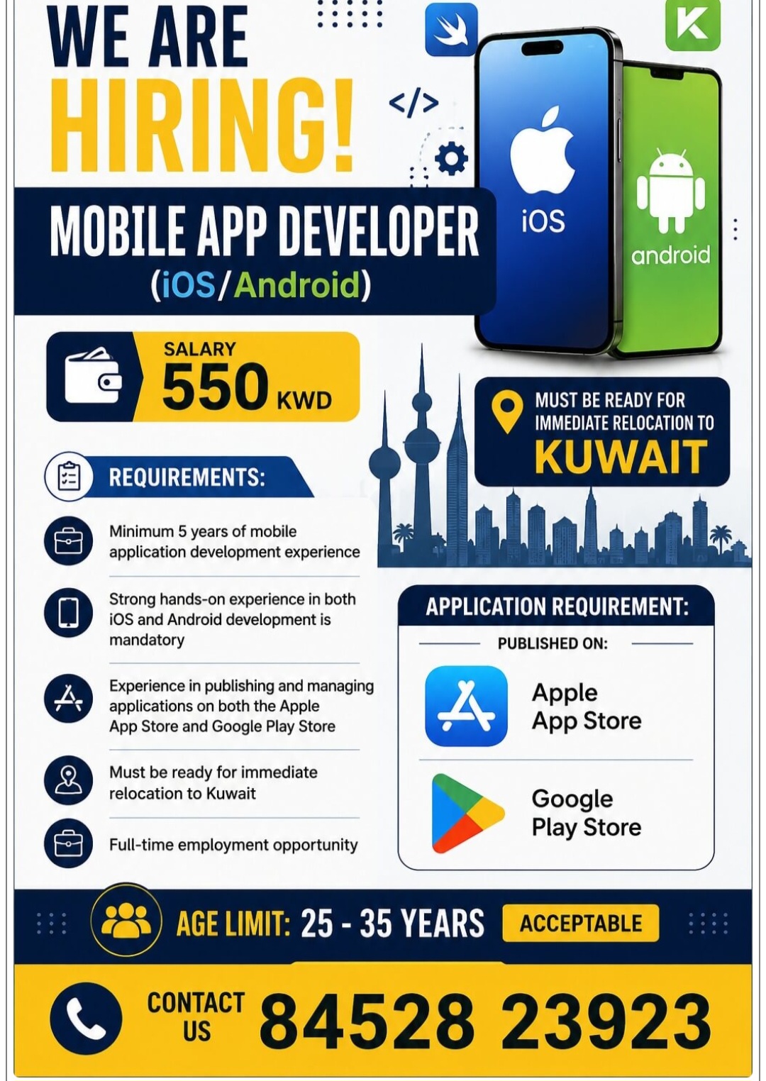REQUIREMENT FOR MOBILE APP DEVELOPER FOR KUWAIT