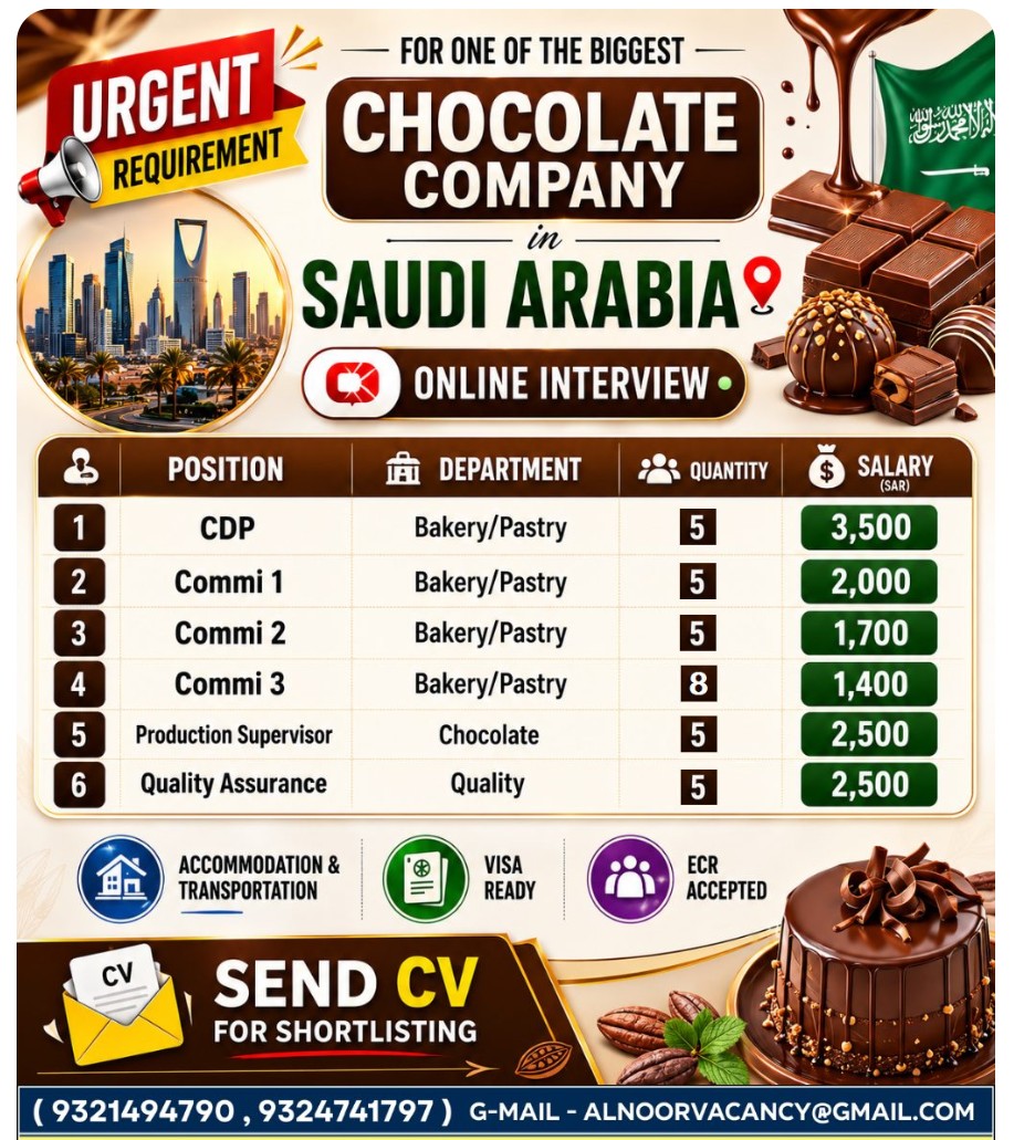 REQUIREMENT FOR ONE OF THE BIGGEST CHOCOLATE COMPANY IN SAUDI ARABIA