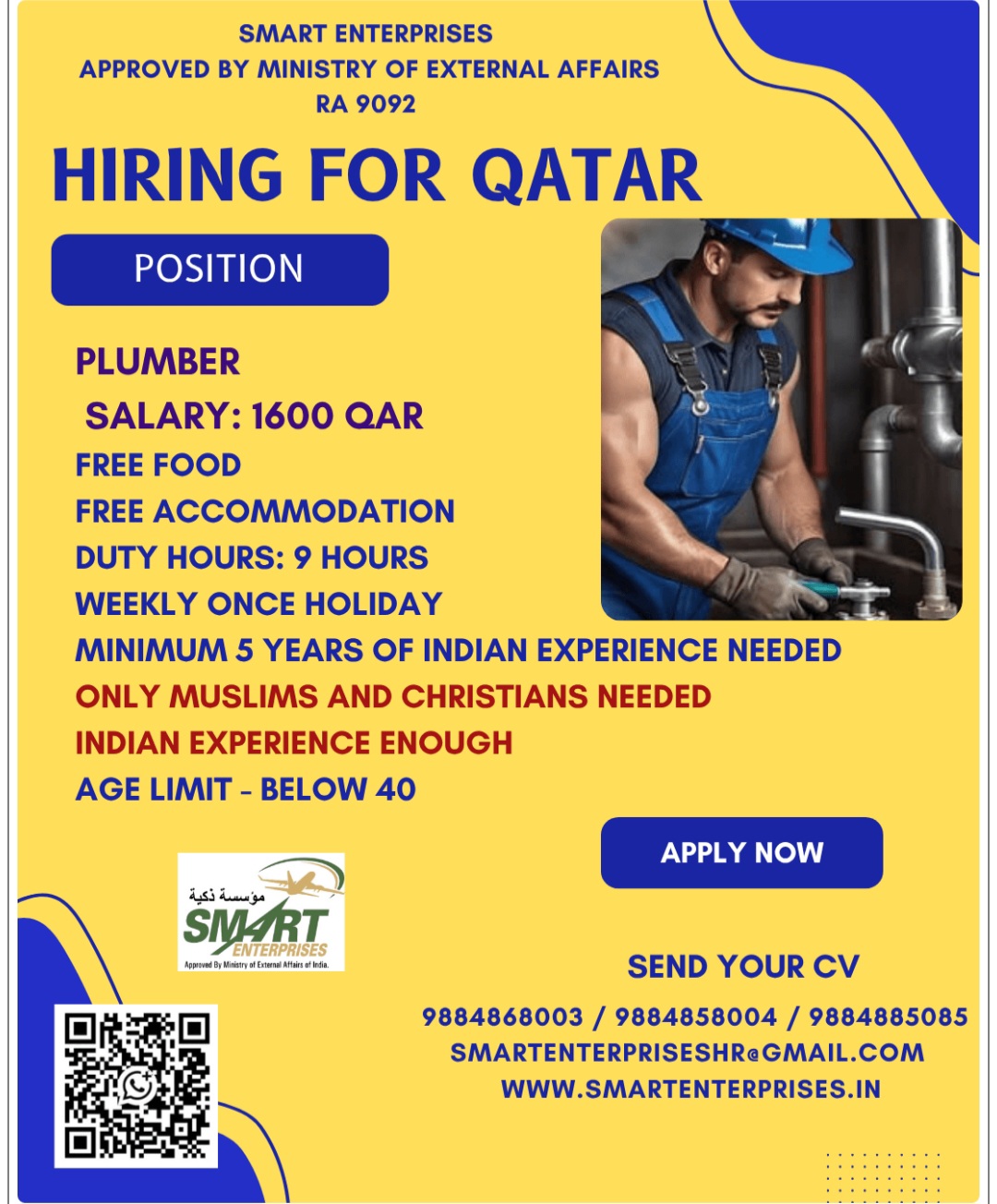 REQUIREMENT FOR PLUMBER FOR QATAR