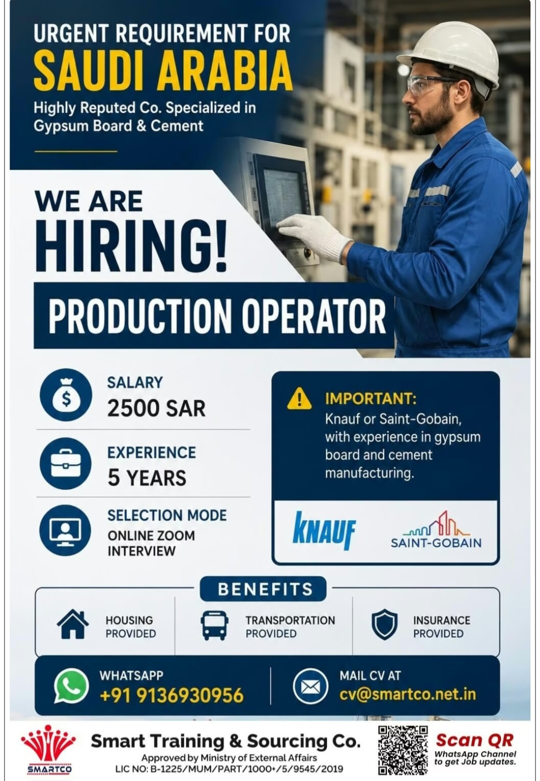 REQUIREMENT FOR PRODUCTION OPERATOR FOR SAUDI ARABIA