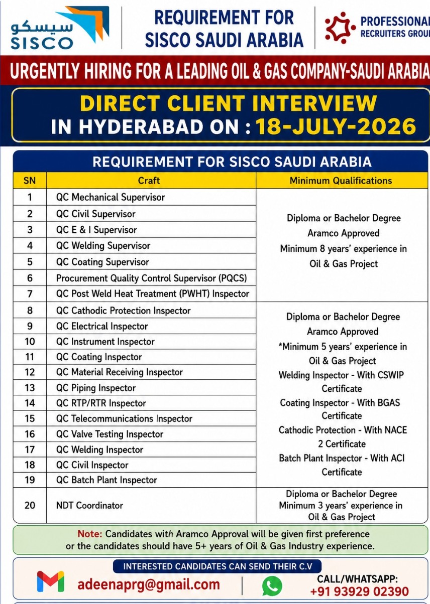 REQUIREMENT FOR SISCO SAUDI ARABIA