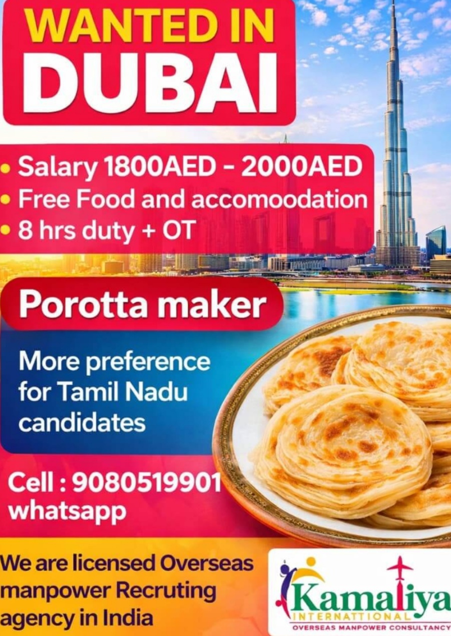 REQUIREMENT OF PAROTA MAKER IN DUBAI