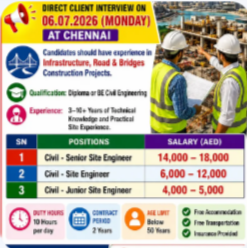 REQUIREMENTS FOR “GUNAL CONSTRUCTION COMPANY LLC” DUBAI DIRECT CLIENT INTERVIEW ON 06.07.2026 (MONDAY) AT CHENNAI