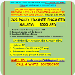 REQUIREMENTS FOR UAE – ONLINE CLIENT INTERVIEW ON 2ND WEEK OF MAY-2026 AT CHENNAI