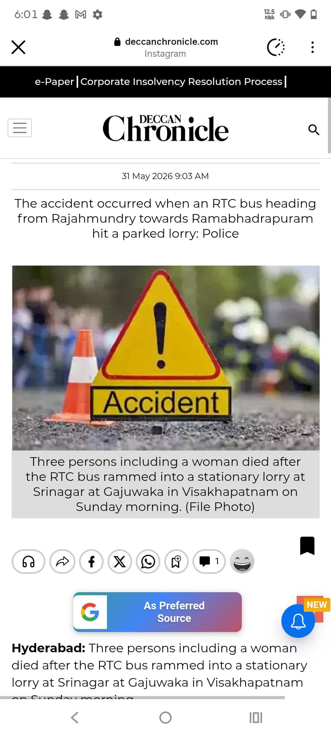 RTC Bus Crashes into Stationary Lorry in Vizag, 3 Killed