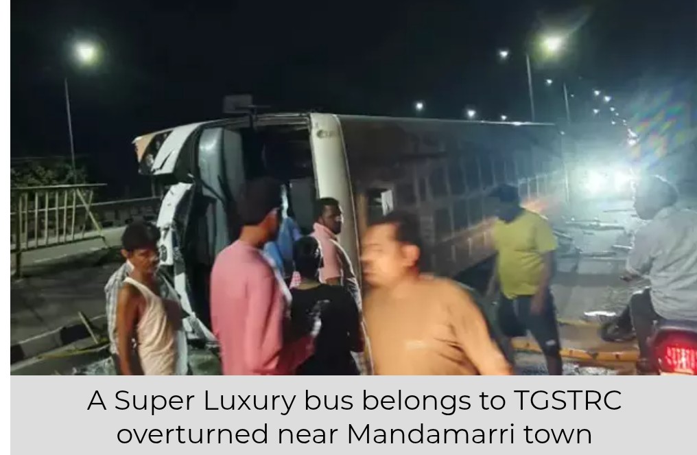 RTC Super Luxury Bus Overturns in Mancheria