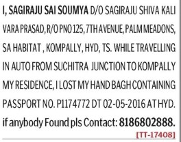 SAGIRAJU SAI SOMYA HAS LOST PASSPORT