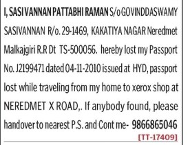 SASIVANNAN PATTABHI RAMAN HAS LOST PASSPORT