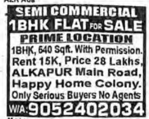 Semi Commercial 1 Bhk Flats for Sale