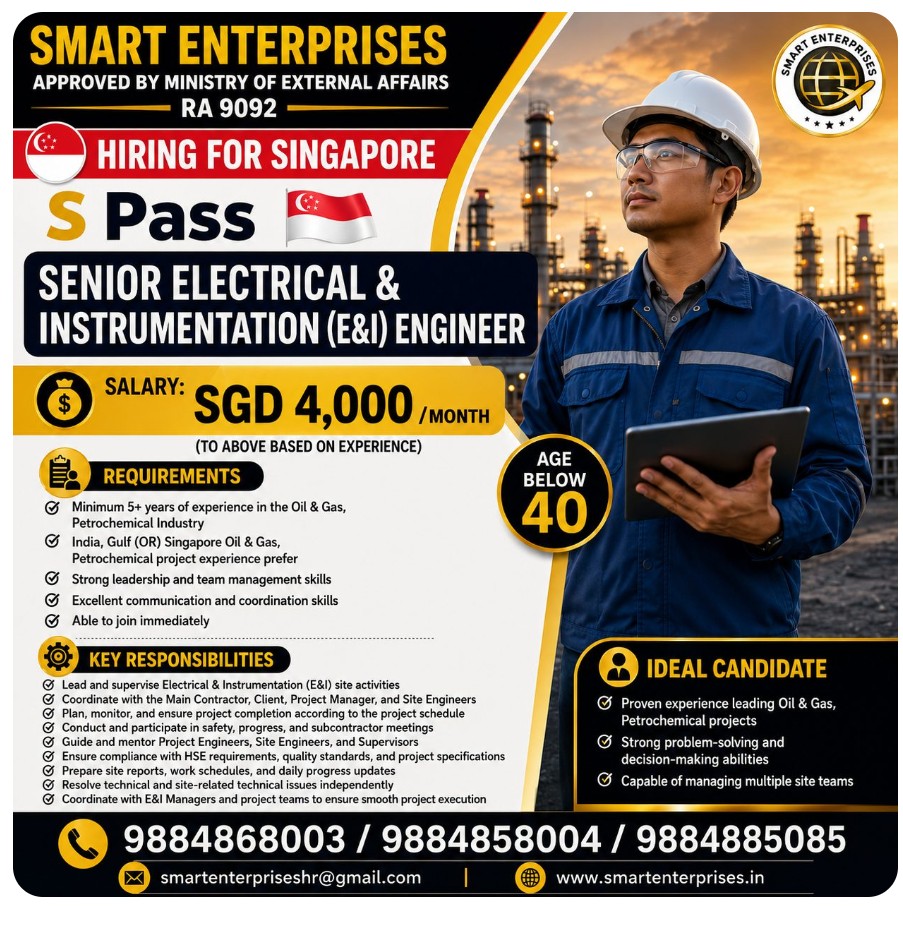 Senior Electrical & Instrumentation (E&I) Engineer required for Singapore