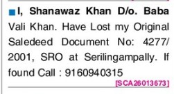 SHAHNAWAZ KHAN HAS LOST DOCUMENT