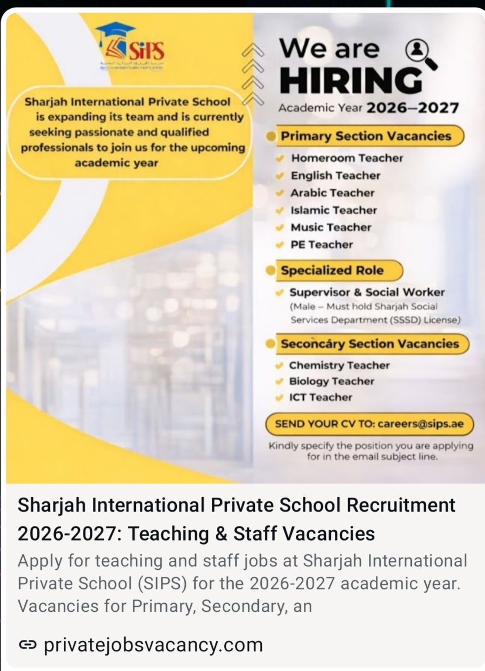 SHARJAH INTERNATIONAL PRIVATE SCHOOL RECRUITMENT FOR 2026