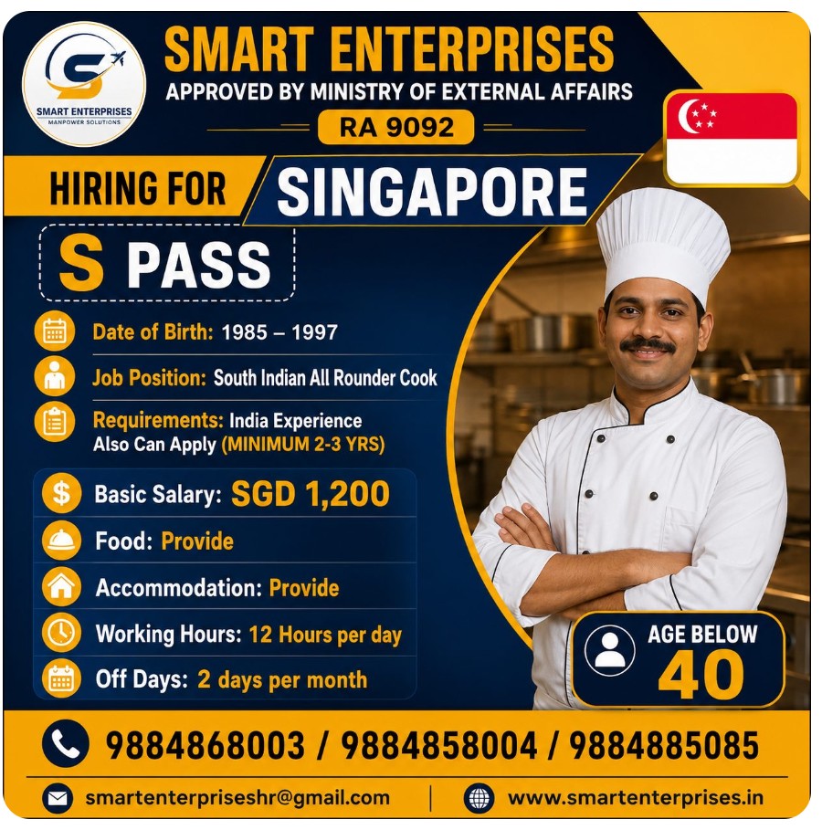 South Indian All Rounder Cook required for Singapore