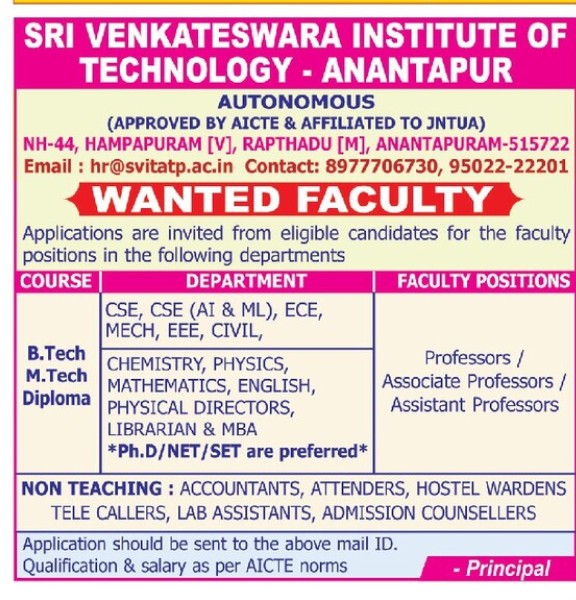 SRI VENKATESWARA INSTITUTE OF TECHNOLOGY IS RECRUITING