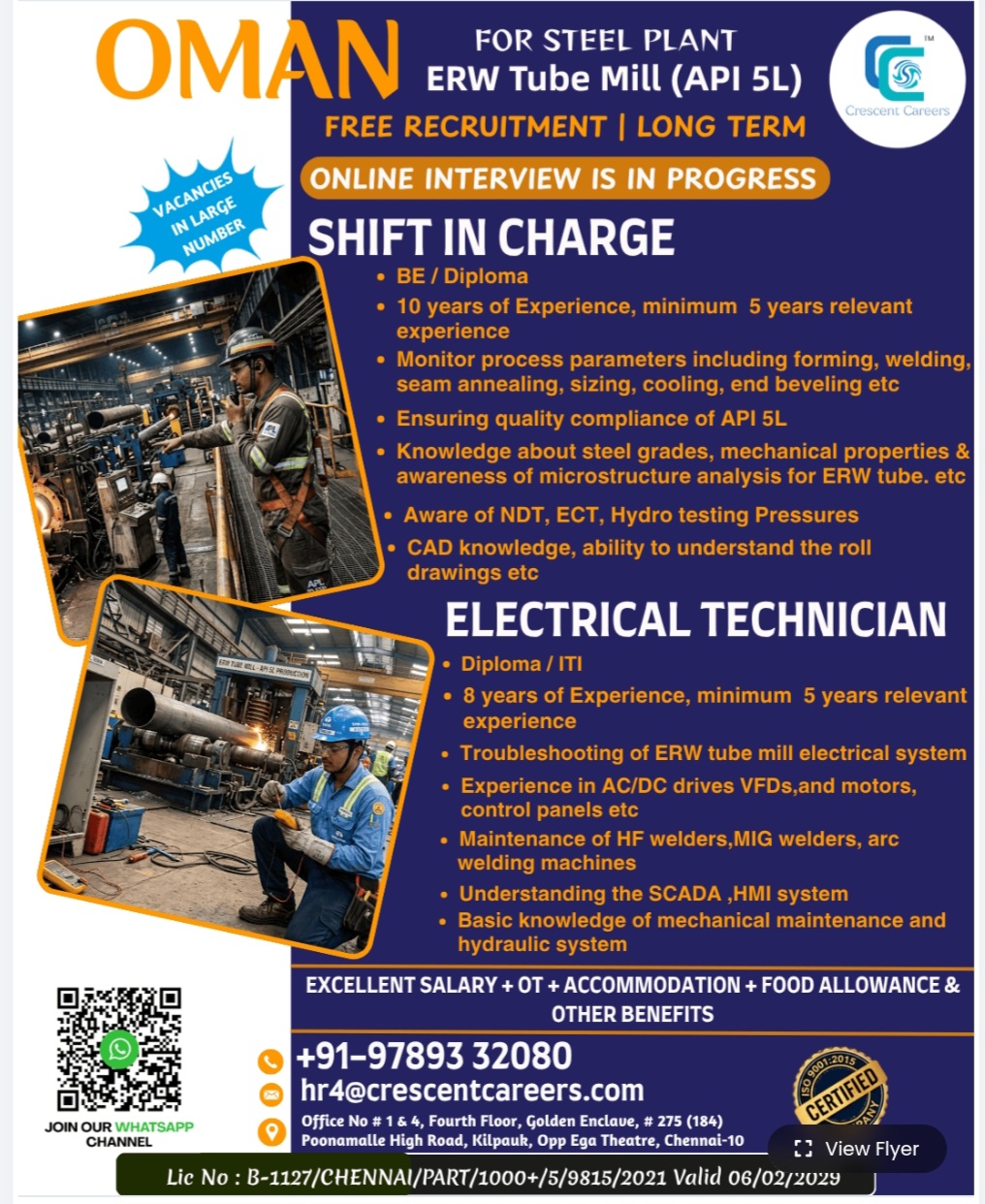 STEEL OLANT ERE TUBE MILL long term recruitment for Oman