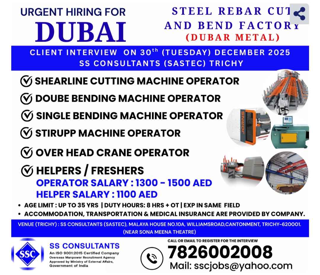 Steel Rebar Cutting & Bending Machine Operator Jobs in Dubai - Salary 1300-1500 AED - Company Provides Accommodation and Transport