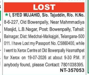 SYED MUJAHAID HAS LOST PASSPORT