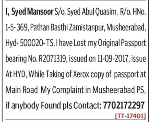 SYED MANSOOR HAS LOST PASSPORT