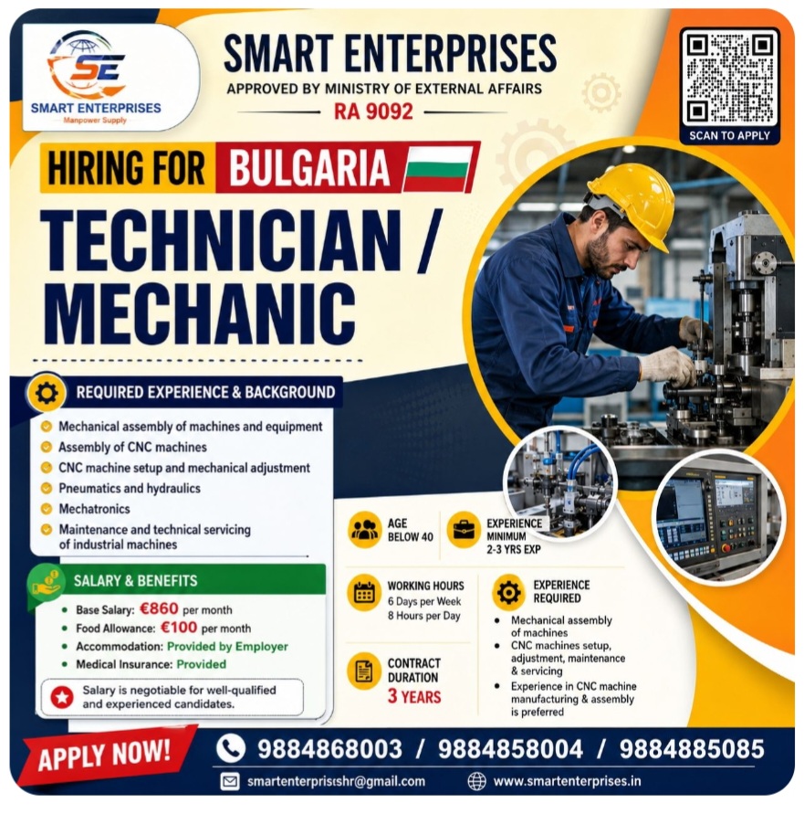 TECHNICIAN / MECHANIC required for Bulgaria