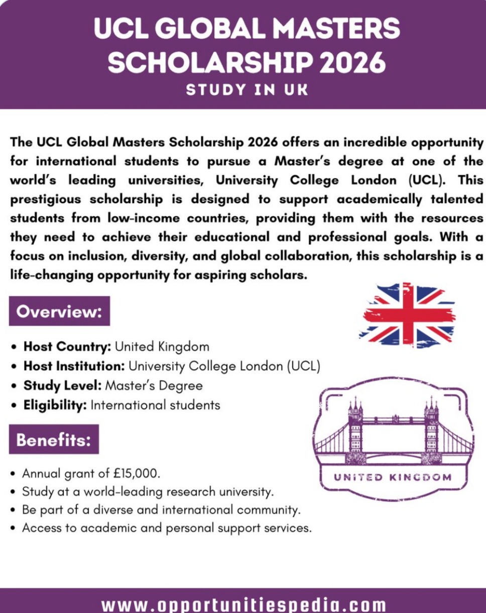 UCL Global Masters Scholarship 2026 | Study in the UK