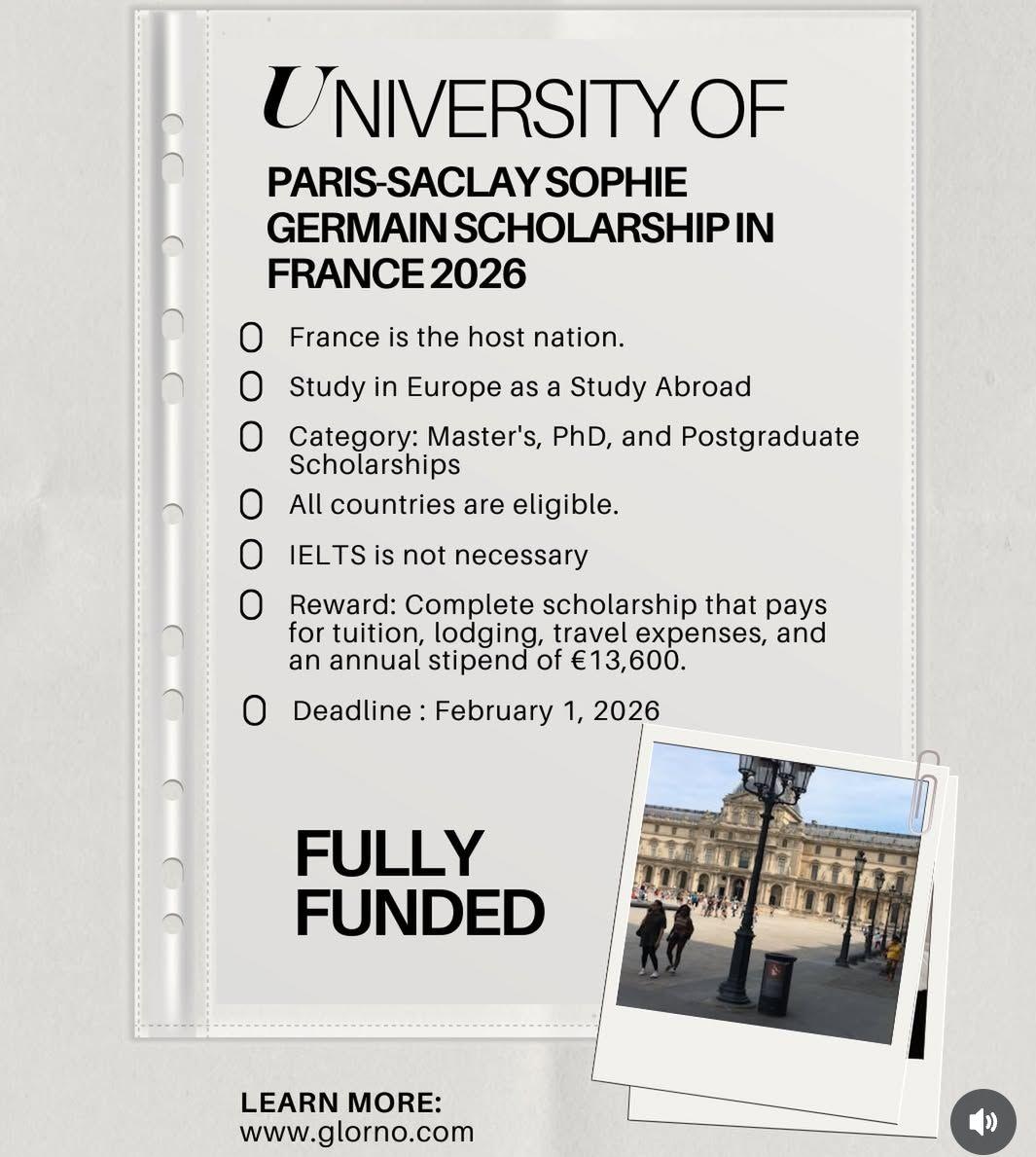 UNIVERSITY OF PARIS SACLAY SOPHIE GERMAIN SCHOLARSHIP IN FRANCE 2026