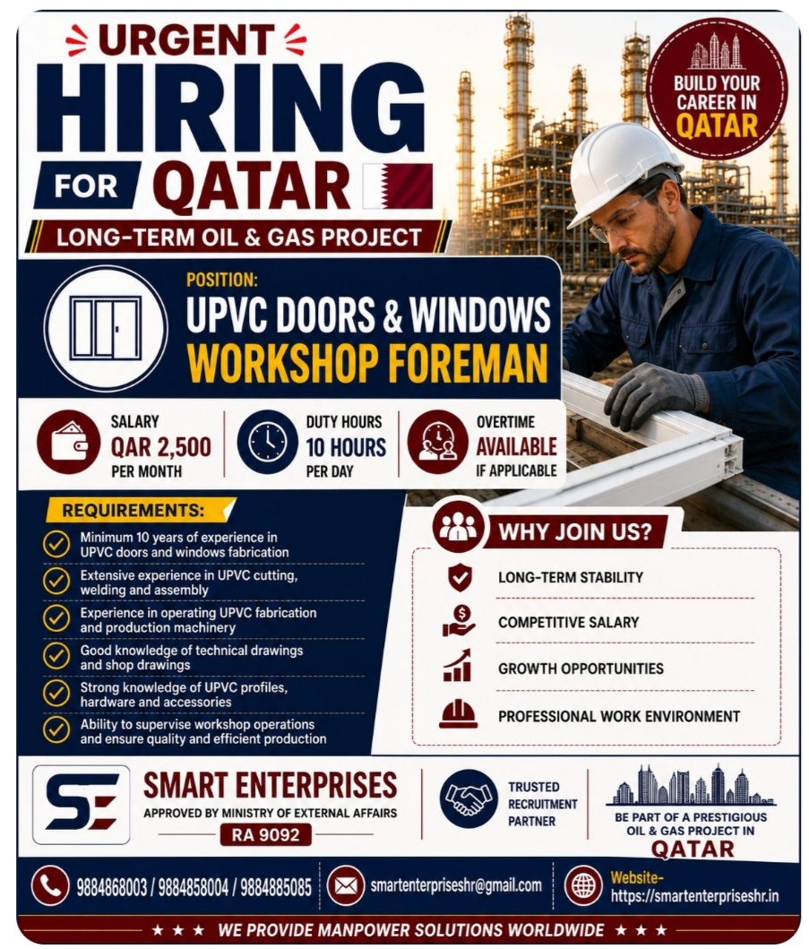 UPVC DOORS & WINDOWS WORKSHOP FOREMAN hiring for Qatar