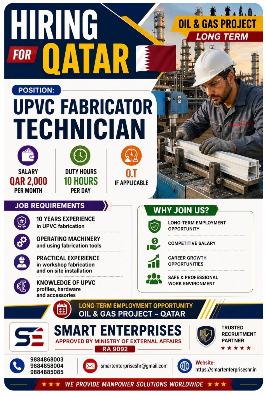 UPVC FABRICATOR TECHNICIAN Required at QATAR