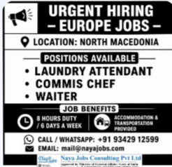 URGENT HIRING FOR EUROPE JOBS Laundry Attendant / Commis Chef/ Waiter