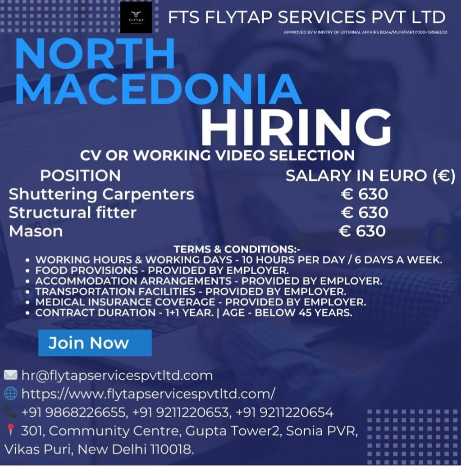 URGENT HIRING FOR NORTH MACEDONIA – EUROPE