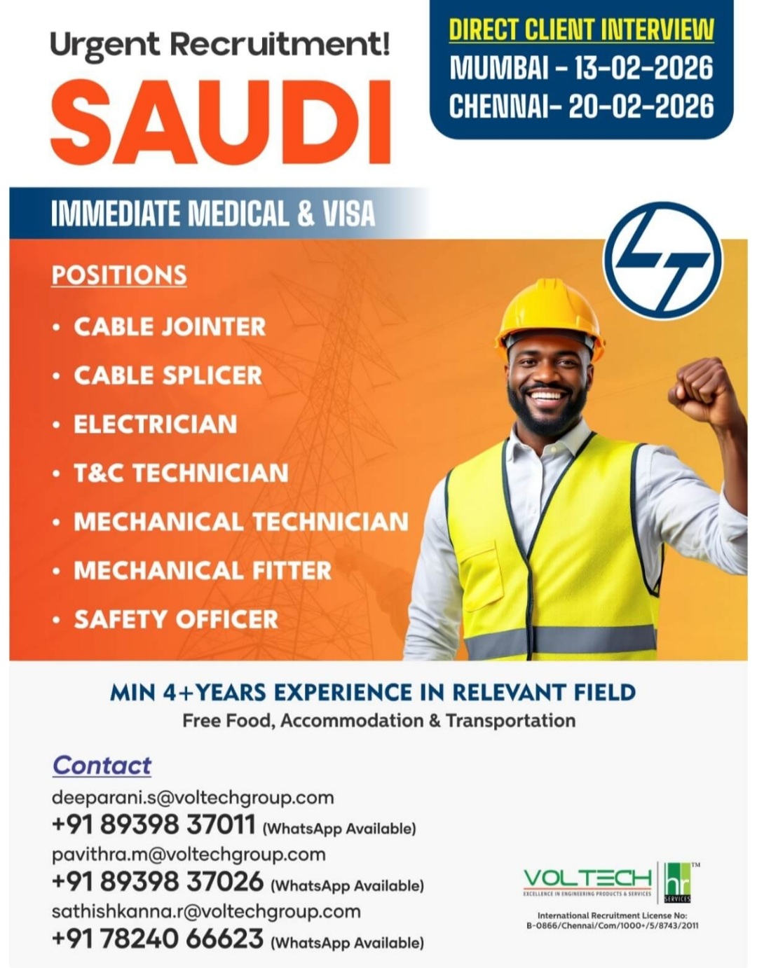 Urgent Requirement for Safety officer /Electrician / Cable Jointer @ Saudi Arabia
