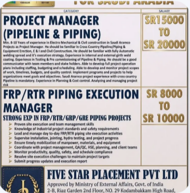 URGENT REQUIREMENT FOR SAUDI ARABIA