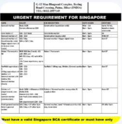 URGENT REQUIREMENT FOR SINGAPORE