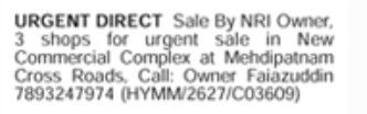 URGENT SALE IN NEW COMMERCIAL COMPLEX AT MEHDIPATNAM