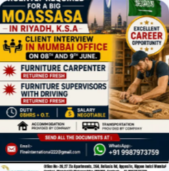 URGENTLY REQUIRED FOR A BIG MOASSASA IN RIYADH K.S.A CLIENT INTERVIEW IN MUMBAI OFFICE ON 08TH AND 9TH JUNE.