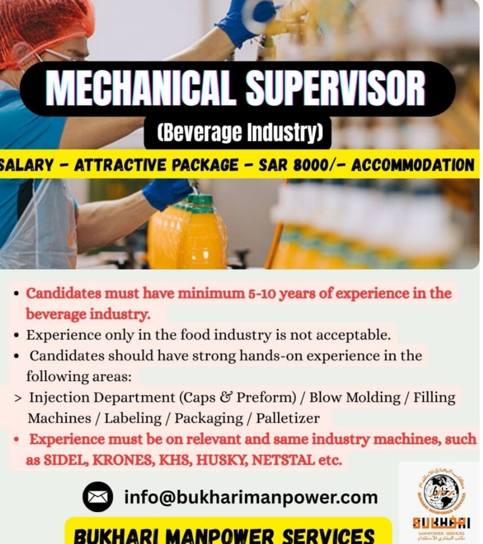 URGENTLY REQUIRED FOR BEVERAGE MANUFACTURING COMPANY IN SAUDI Arabia