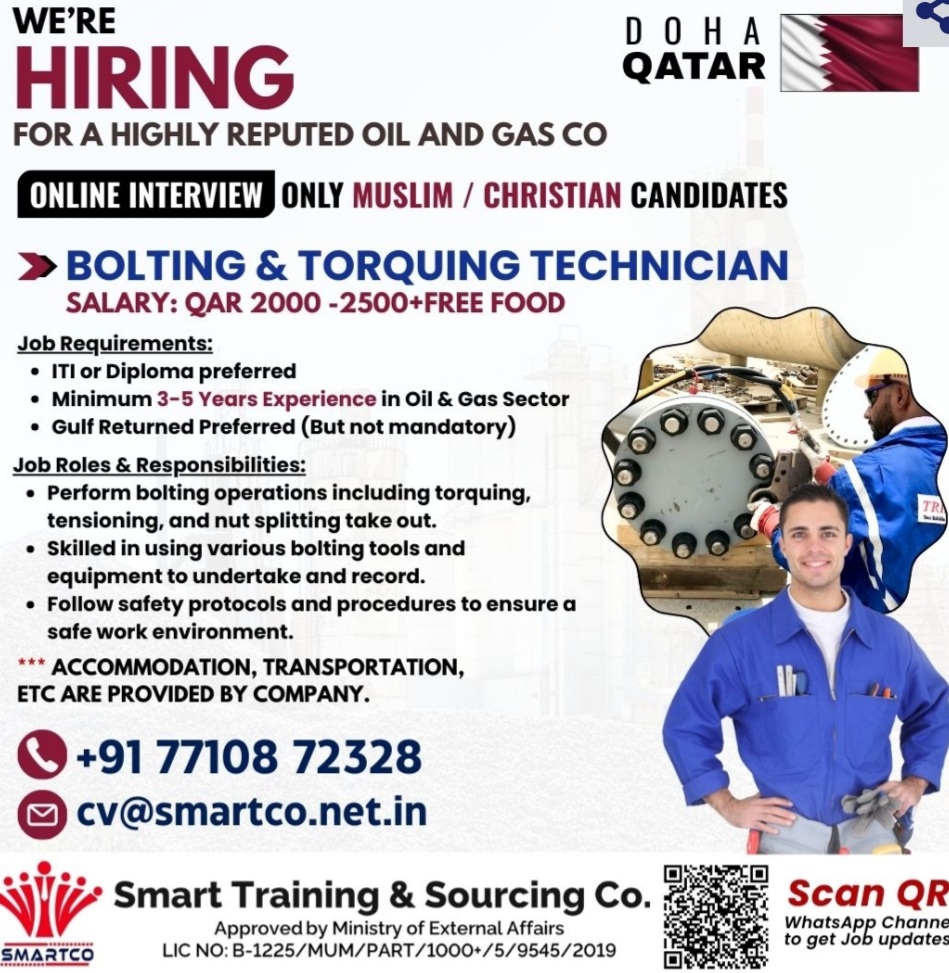 URGENTLY REQUIRED FOR QATAR (ONLY MUSLIM / CHRISTIAN CANDIDATES) FOR A HIGHLY REPUTED OIL AND GAS CO