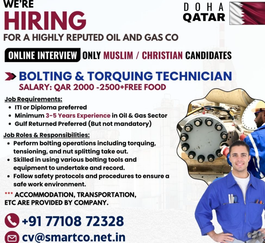 URGENTLY REQUIRED FOR QATAR (ONLY MUSLIM / CHRISTIAN CANDIDATES) FOR A HIGHLY REPUTED OIL AND GAS CO