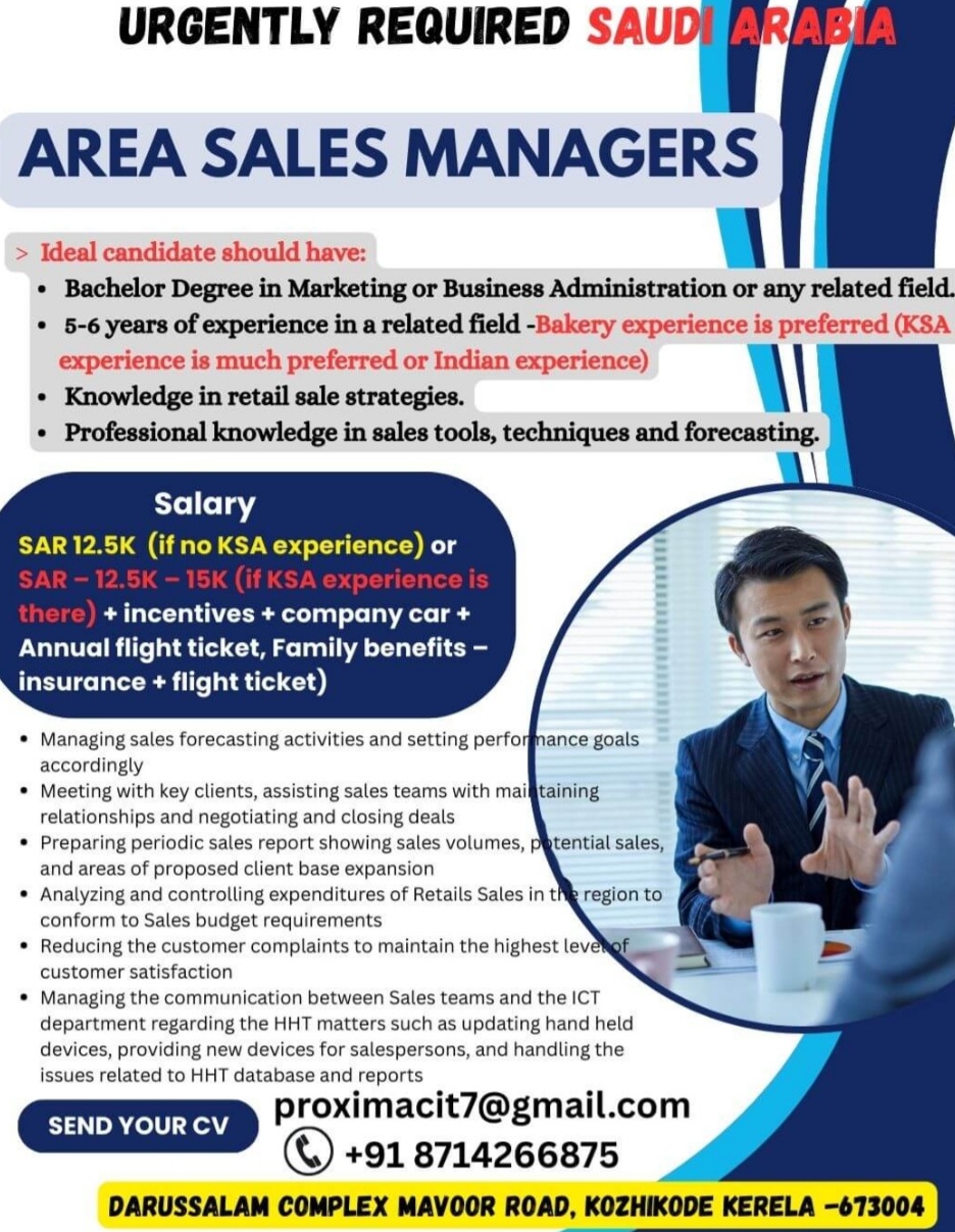URGENTLY REQUIRED SAUDI ARABIA - AREA SALES MANAGERS