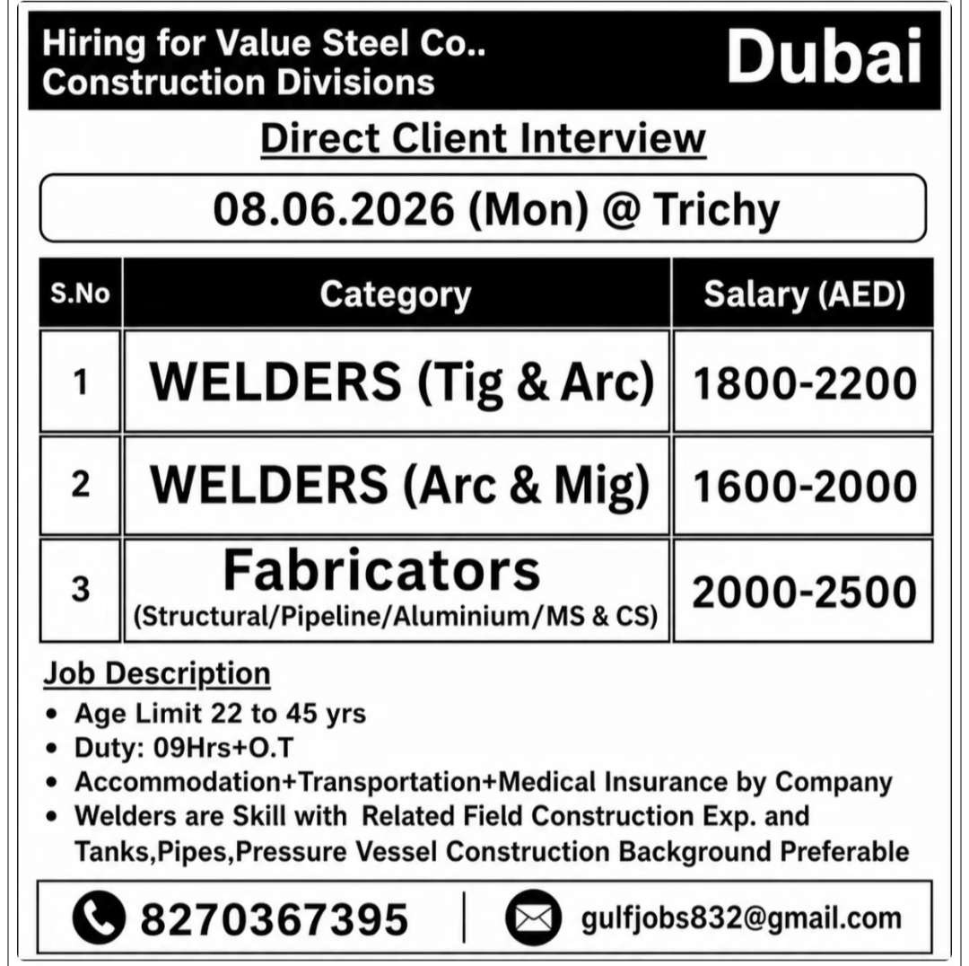 VALUE STEEL COMPANY IS HIRING FOR DUBAI