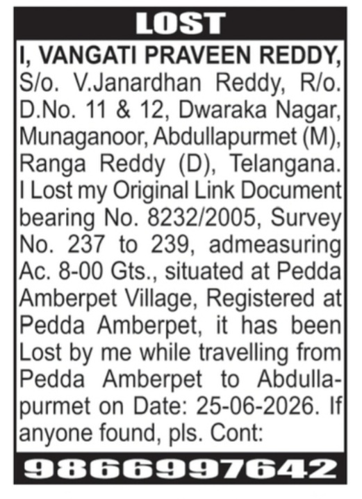 VANGATI PRAVEEN REDDY HAS LOST DOCUMENTS