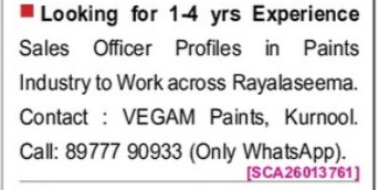 VEGAM PAINTS IS HIRING ACROSS RAYALASEEMA