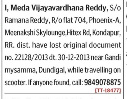 VIJAYA VARDHANA REDDY HAS LOST DOCUMENT
