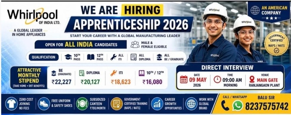 Whirlpool India Apprentice Requirement 2026, Direct Interviews at Ranjangaon plant