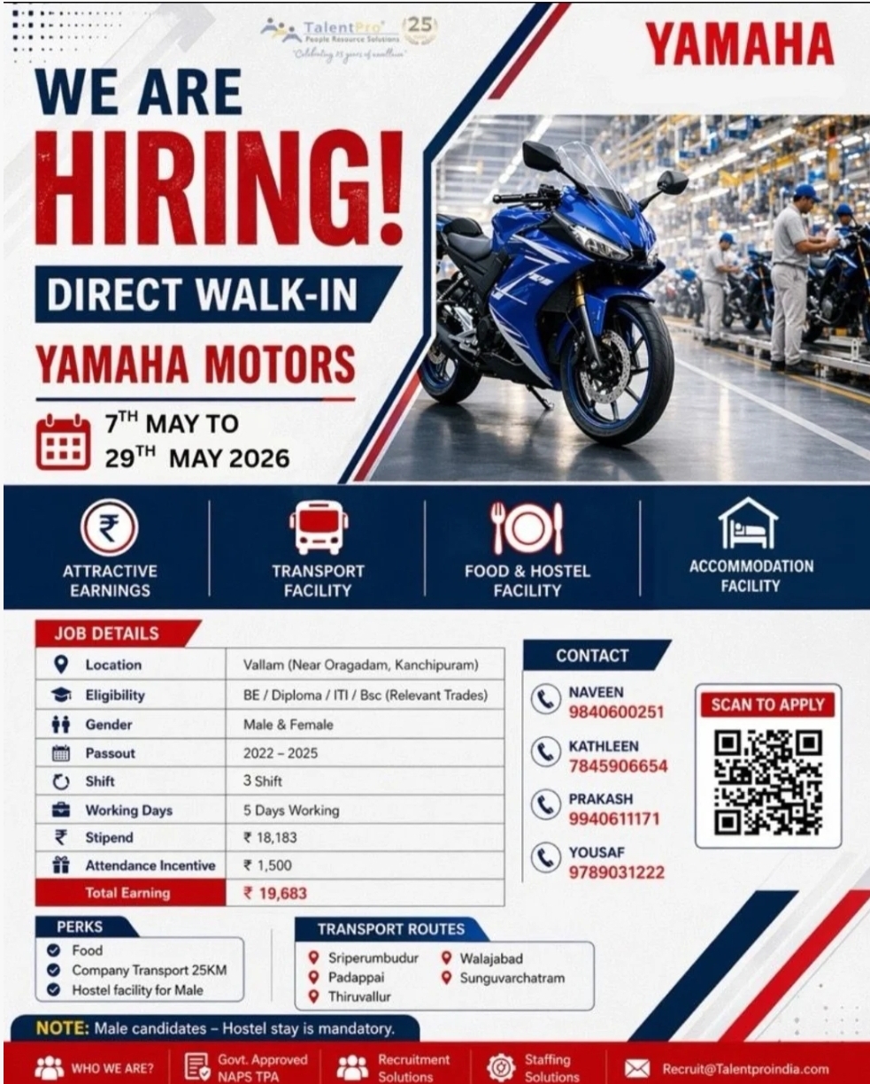 Yamaha Motors Recruitment 2026, vacancies For ITI & Diploma holders