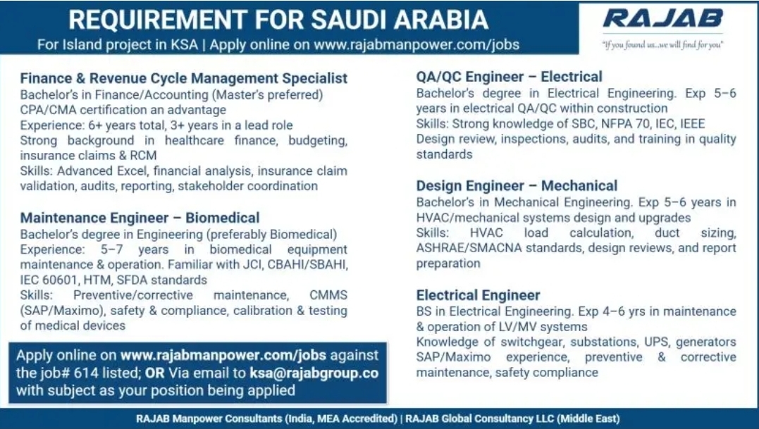 📢 Urgent Requirements for Saudi Arabia – Island Project