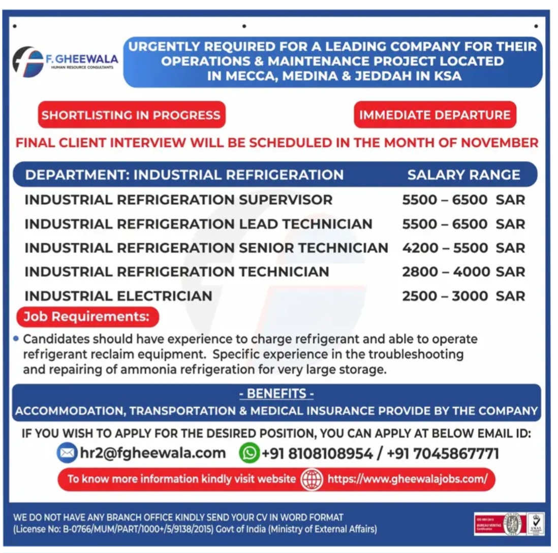 📢 Urgently Hiring for a Leading Operations & Maintenance Project – KSA